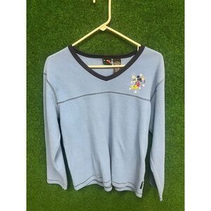 90s Disney Mickey Unlimited pullover fleece v neck sweater blue Sz Large unisex
